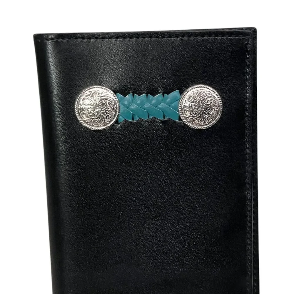 Tex Tan Vintage 80s Black Leather Rodeo Wallet Turquoise Concho Western Cowboy
